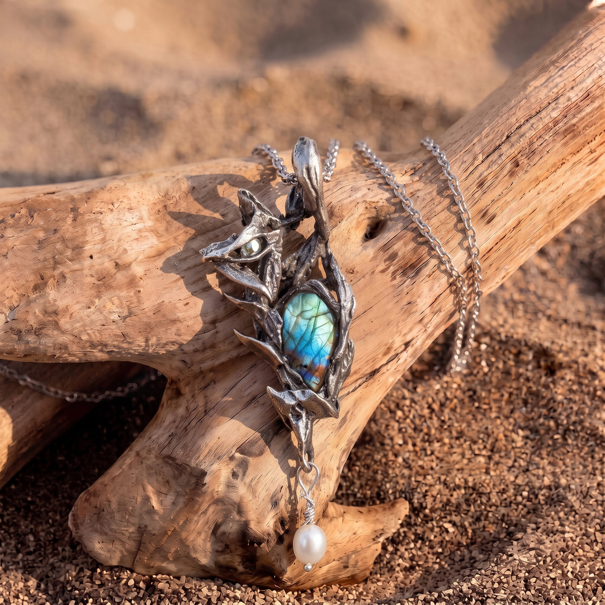 Labradorite Fox & Thorn Bronze Pendant | Antique Copper Pearl Necklace