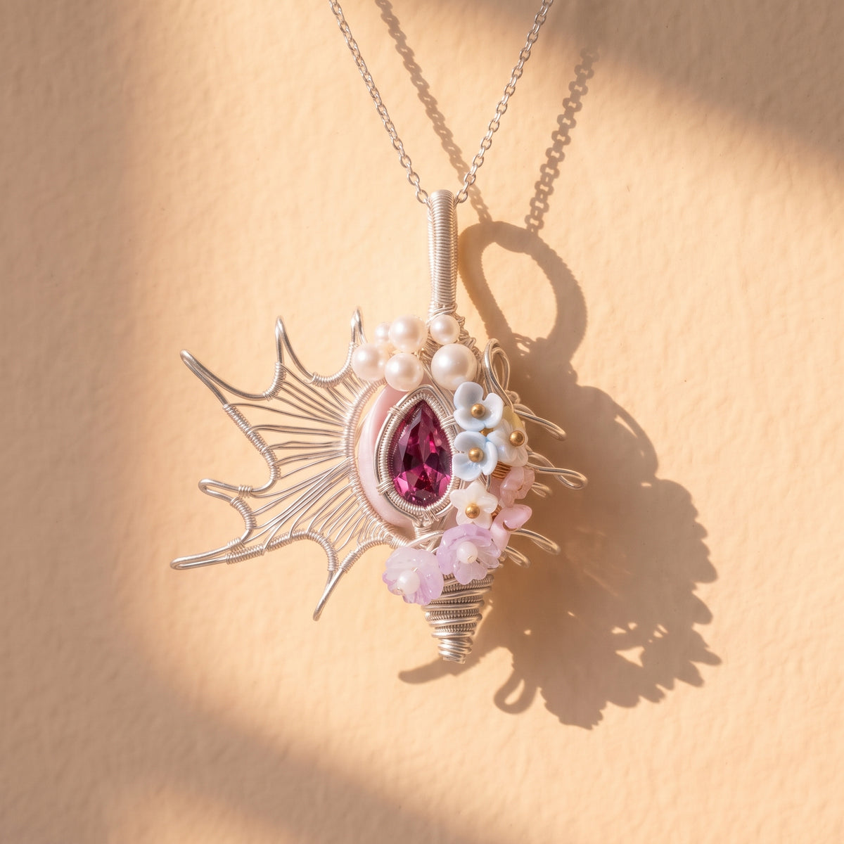 Pink Crystal Floral Shell Pendant | Silver Copper Wire-Wrapped Pearl & Blossom Necklace