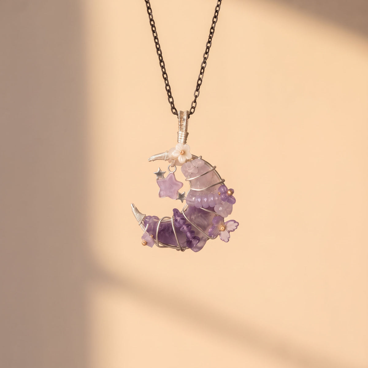 Purple Fluorite & Amethyst Crescent Moon Pendant | Wire-Wrapped Star & Butterfly Necklace