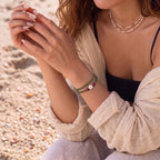Artisanal Green Ebony & Red Stone Collarchain with Mother-of-Pearl Flower: Double-Loop Versatile Wooden Necklace — Himalayan Ridge