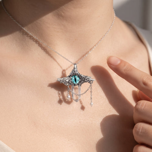 Blue Dragon Eye Crystal Point Pendant | Antique Silver Copper Draped Pearl & Molten Gothic Necklace