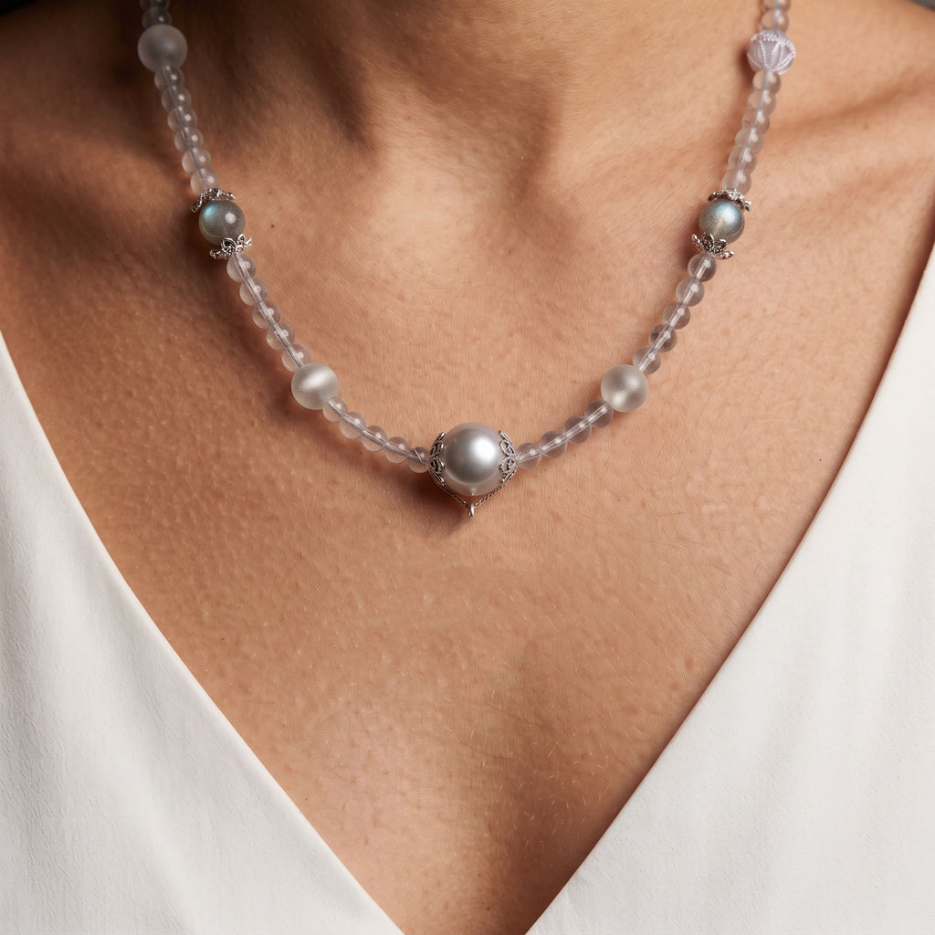Natural Celestial Grey Labradorite & Clear Quartz Double-Loop Signature Collarchain: Versatile Initial Necklace — Himalayan Ridge