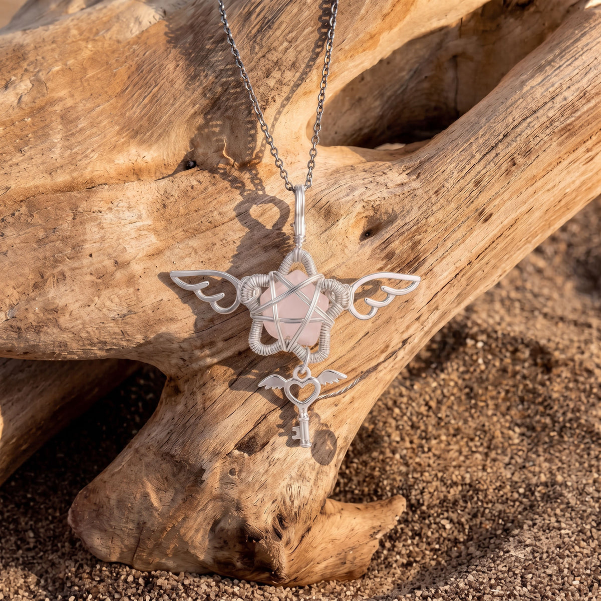 Rose Quartz Winged Star Pendant | Wire-Wrapped Heart Key Necklace