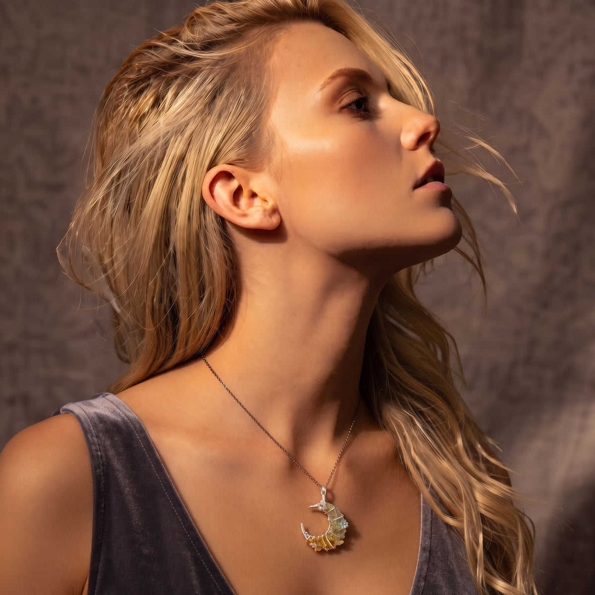 Green Prehnite & Citrine Crescent Moon Pendant | Wire-Wrapped Floral Necklace