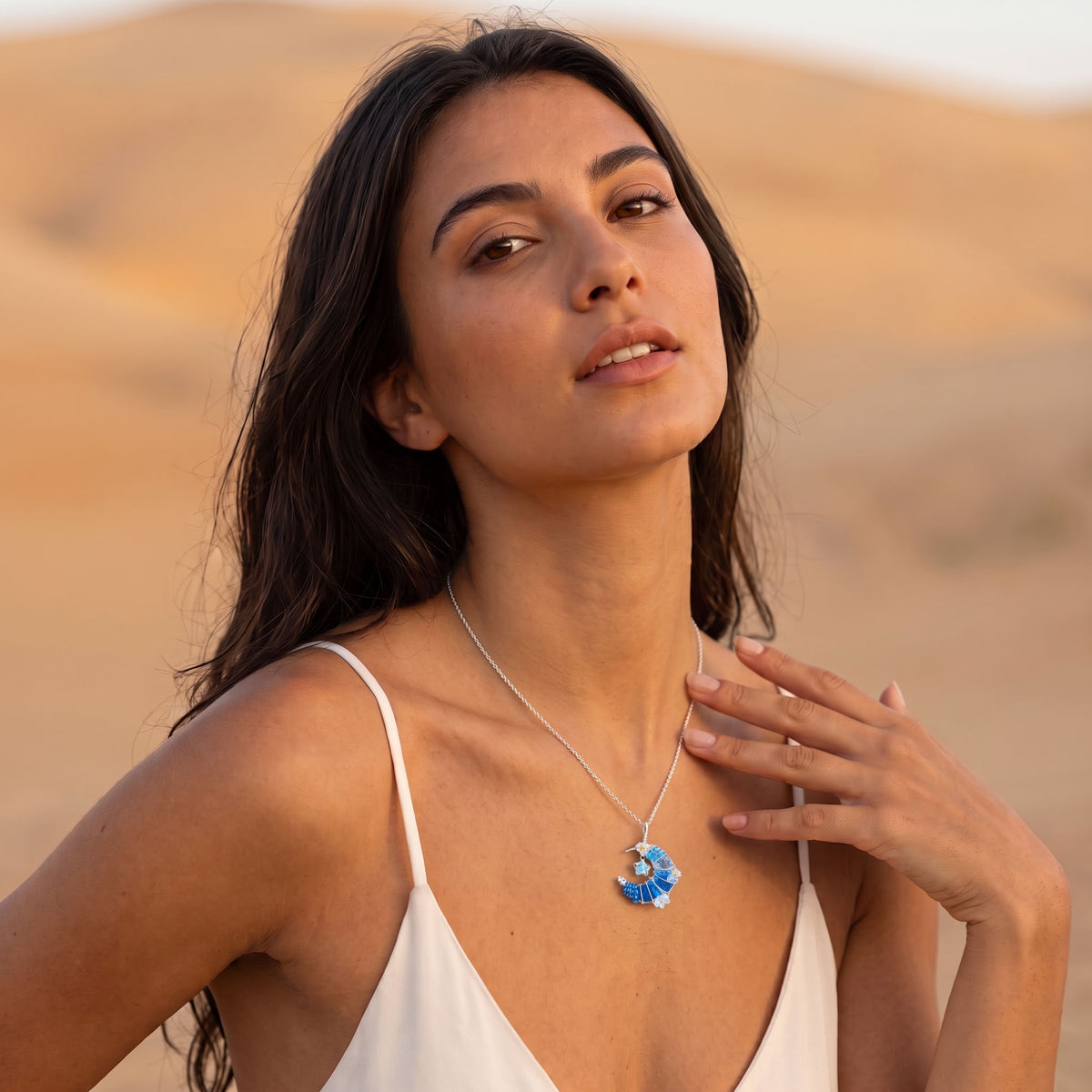 Handcrafted Blue Crystal Crescent Moon & Star Pendant | Wire-Wrapped Floral Necklace