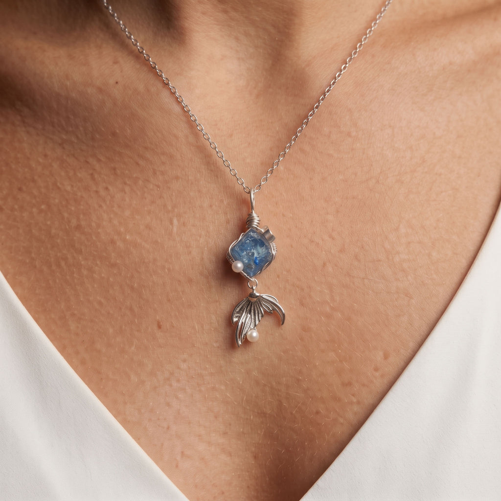 Handcrafted Wire-Wrapped Blue Crystal & Mermaid Tail Pendant | Silver Ethereal Necklace