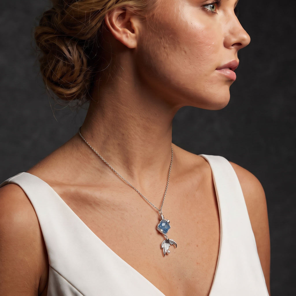 Handcrafted Wire-Wrapped Blue Crystal & Mermaid Tail Pendant | Silver Ethereal Necklace