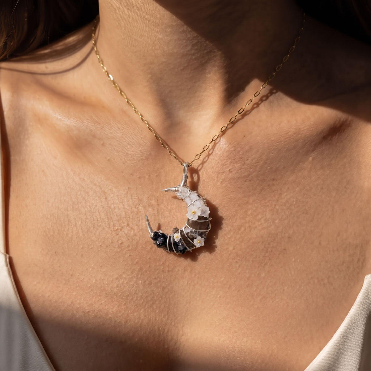 Smoky Quartz & Black Obsidian Crescent Moon Pendant | Wire-Wrapped Floral Necklace