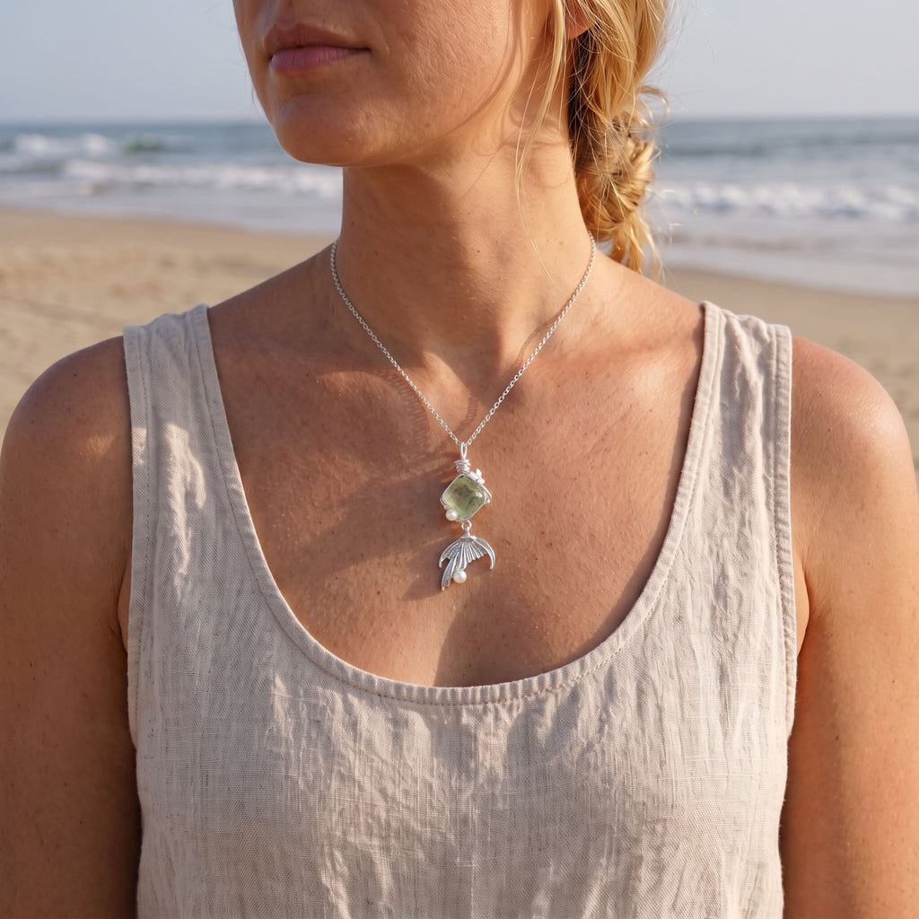 Artisan Wire-Wrapped Green Prehnite & Mermaid Tail Necklace | Ethereal Silver Jewelry