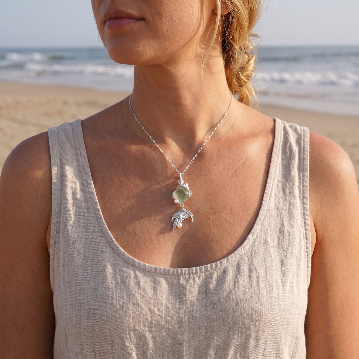 Artisan Wire-Wrapped Green Prehnite & Mermaid Tail Necklace | Ethereal Silver Jewelry