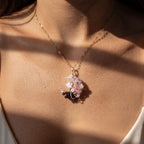 Rose Quartz & Garnet Crescent Moon Pendant | Wire-Wrapped Star Necklace