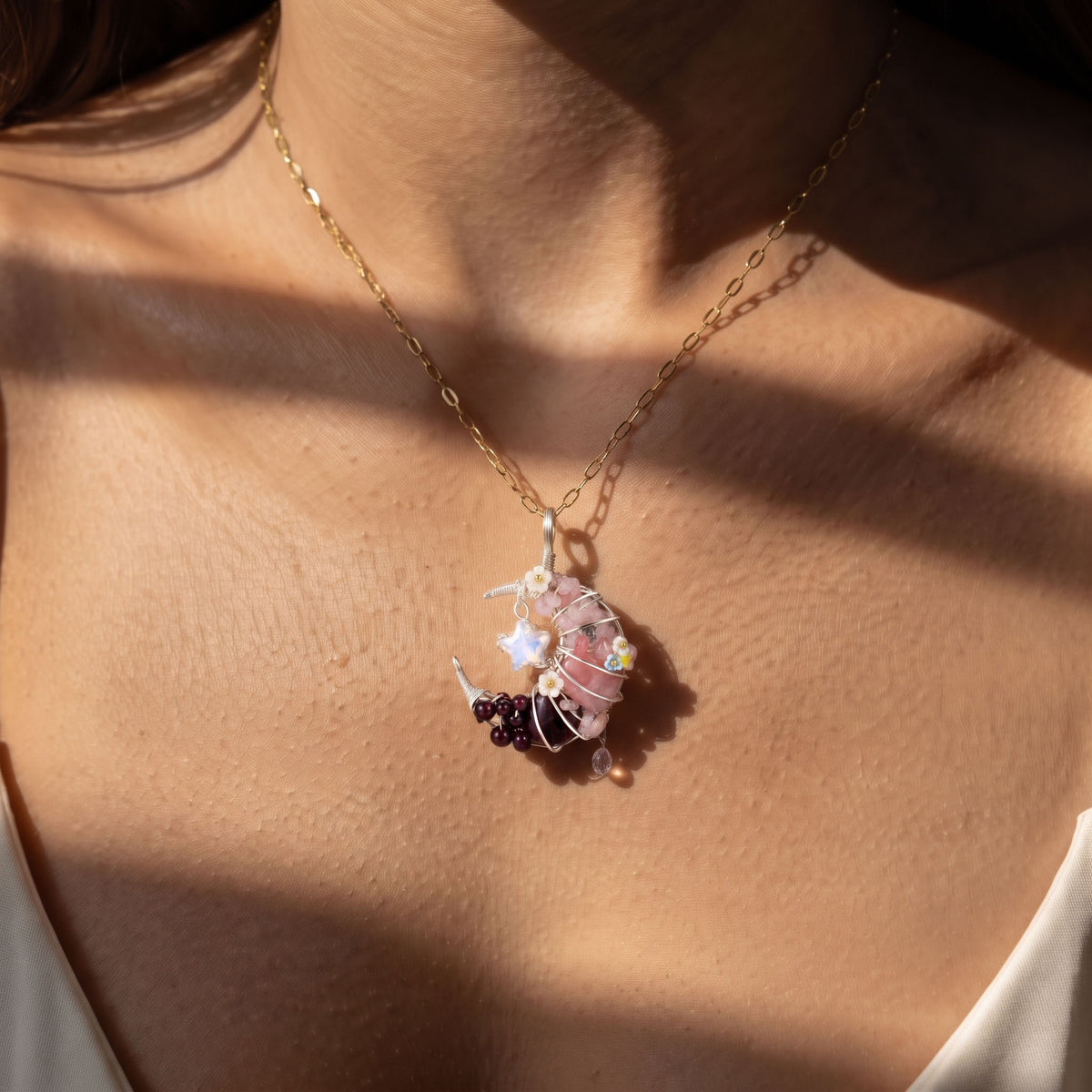 Rose Quartz & Garnet Crescent Moon Pendant | Wire-Wrapped Star Necklace
