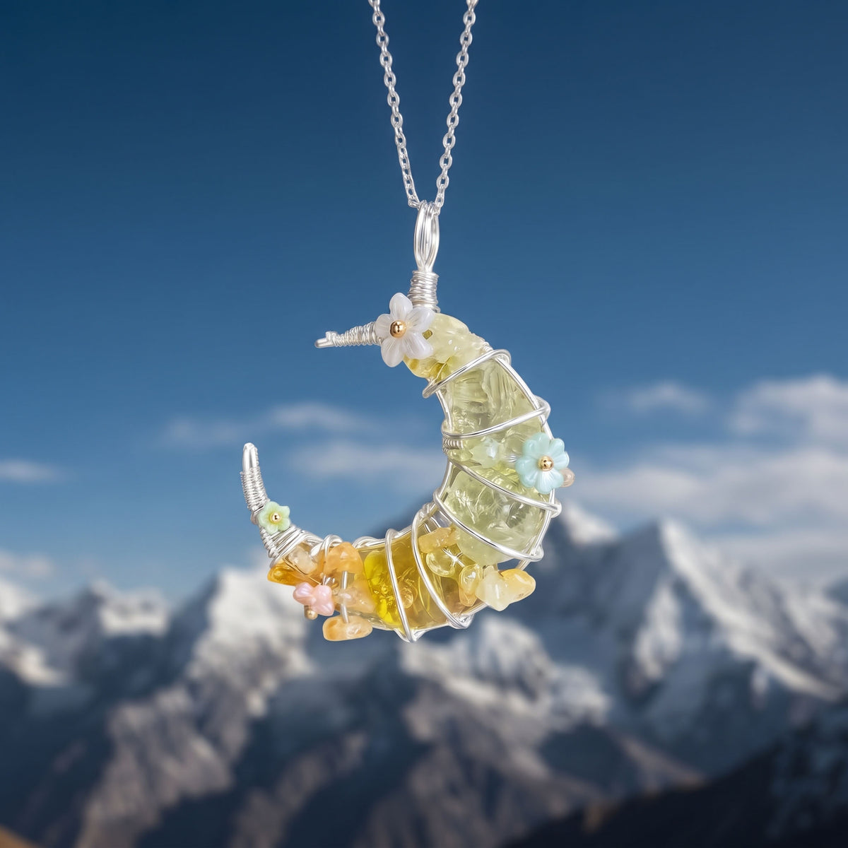 Green Prehnite & Citrine Crescent Moon Pendant | Wire-Wrapped Floral Necklace