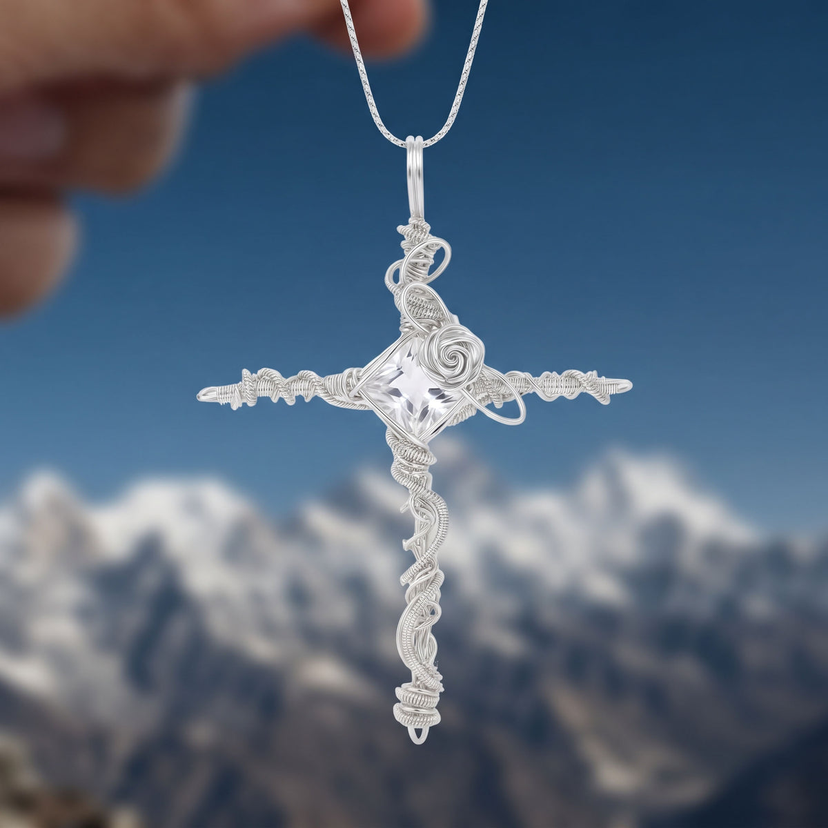 Clear Silver Crystal Cross Pendant | Wire-Wrapped Gothic Necklace