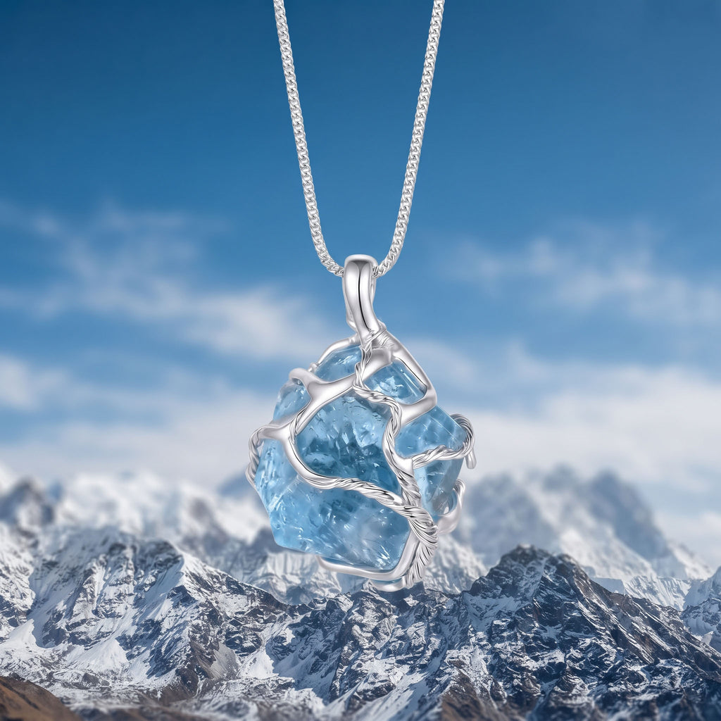 Raw Aquamarine Crystal Pendant | Wire-Wrapped Mineral Necklace