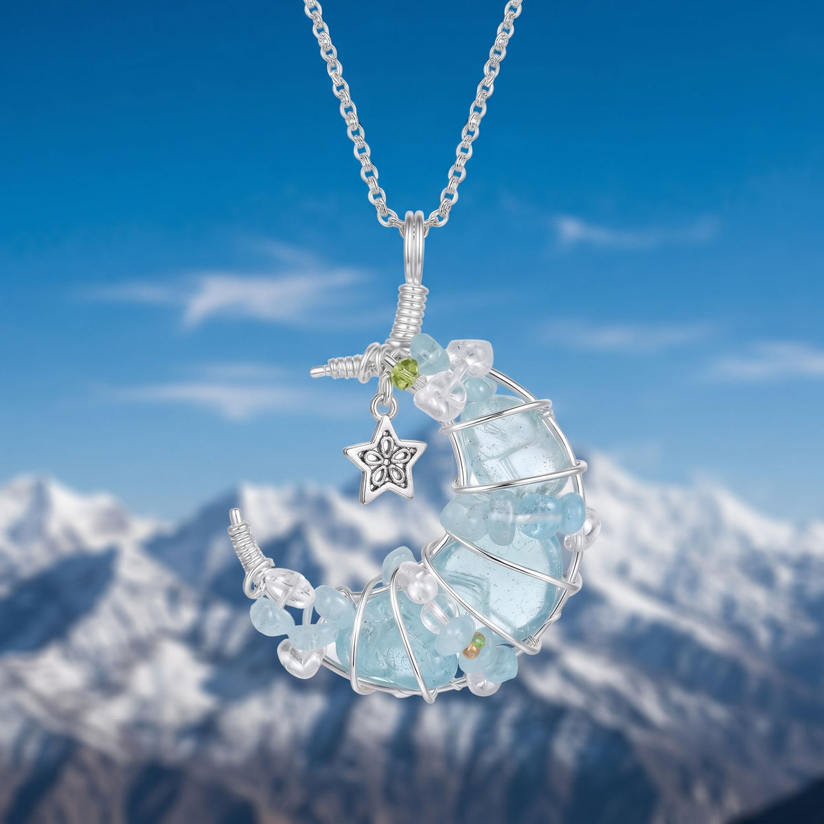 Blue Crystal Crescent Moon Pendant | Wire-Wrapped Star Necklace