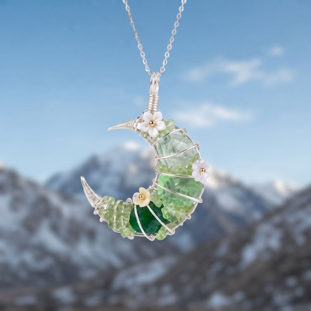 Green Fluorite Crescent Moon Pendant | Wire-Wrapped Floral Necklace