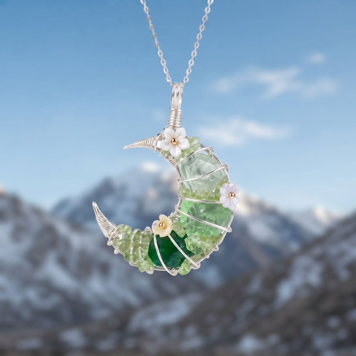 Green Fluorite Crescent Moon Pendant | Wire-Wrapped Floral Necklace