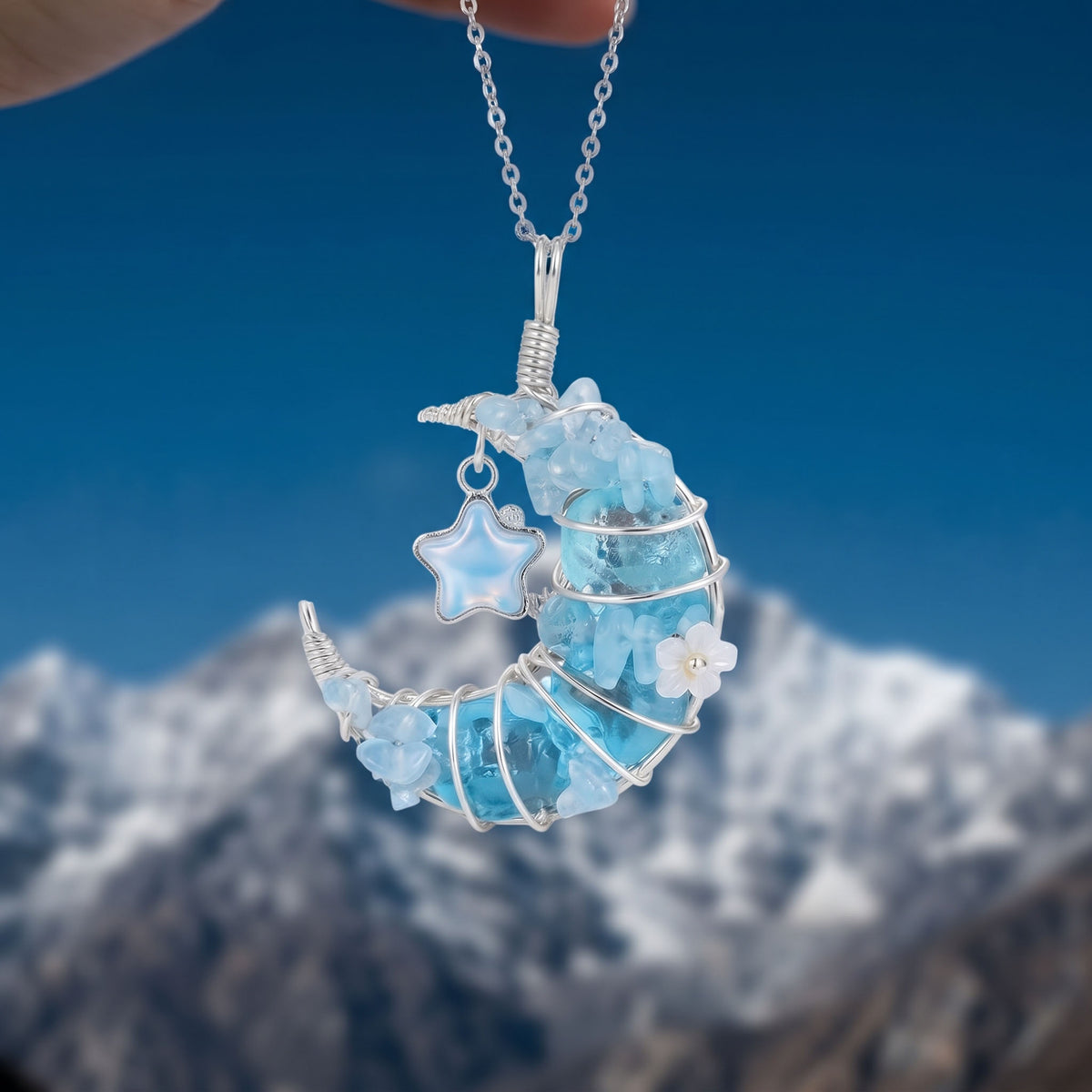Light Blue Crystal Crescent Moon Pendant | Wire-Wrapped Star Necklace