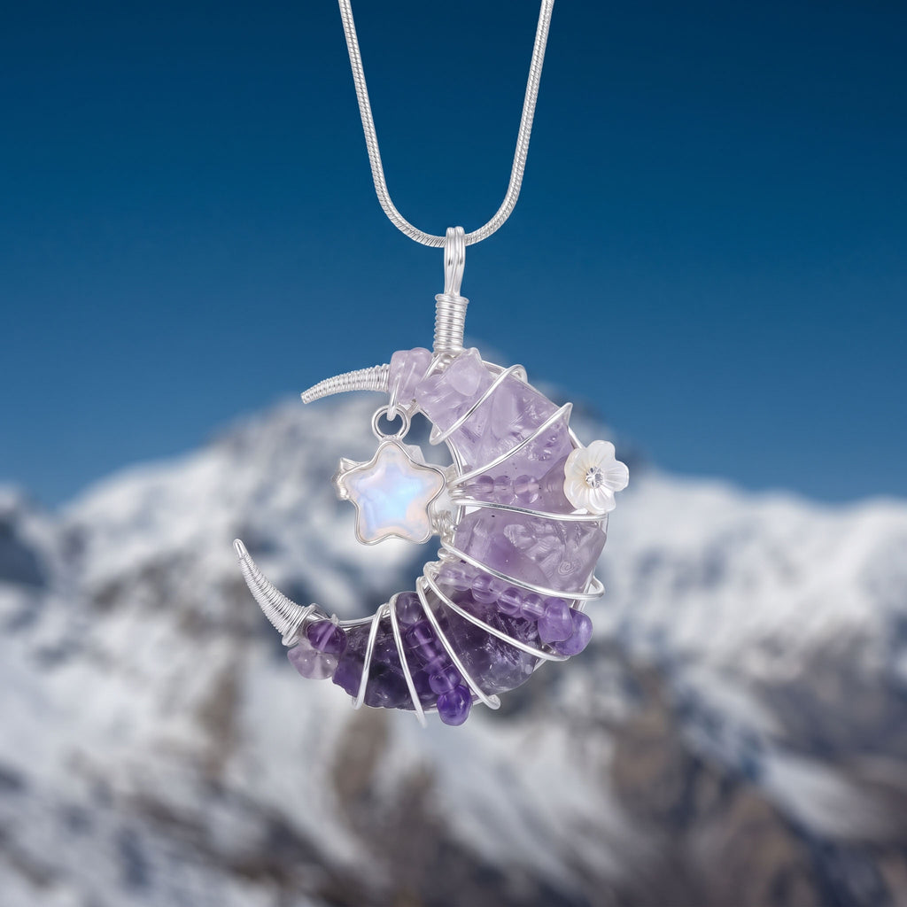 Amethyst Crescent Moon Pendant | Wire-Wrapped Star Necklace