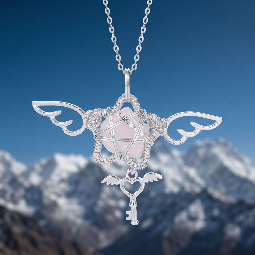Rose Quartz Winged Star Pendant | Wire-Wrapped Heart Key Necklace