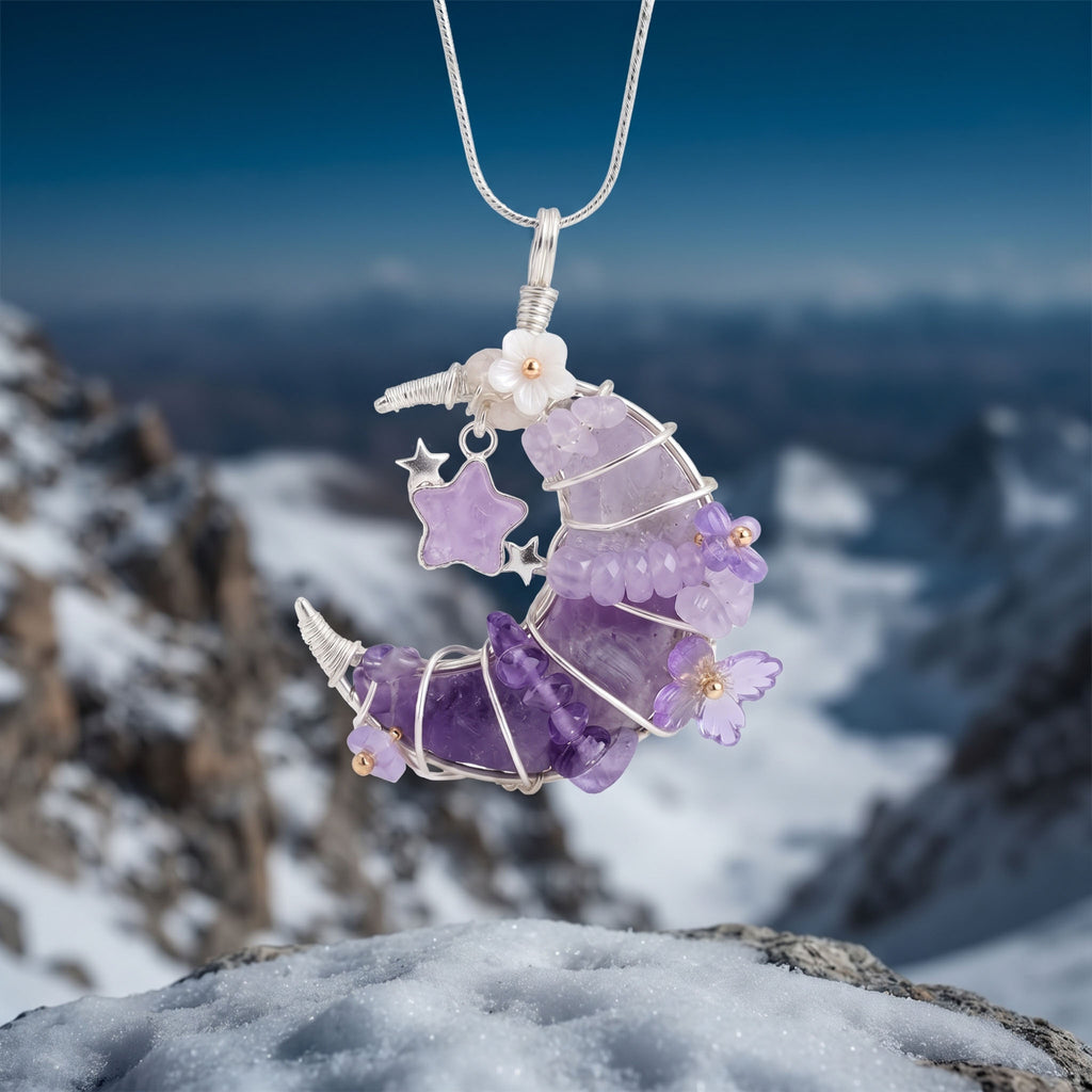 Purple Fluorite & Amethyst Crescent Moon Pendant | Wire-Wrapped Star & Butterfly Necklace