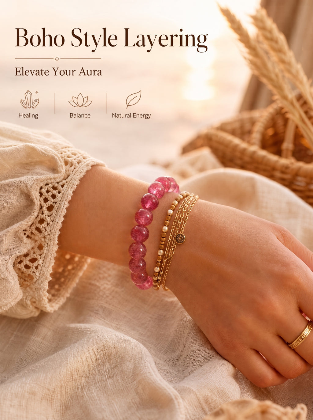 Premium Strawberry Quartz Beaded Bracelet | Hand-Polished Natural Gemstone Jewelry for Attraction & Harmony