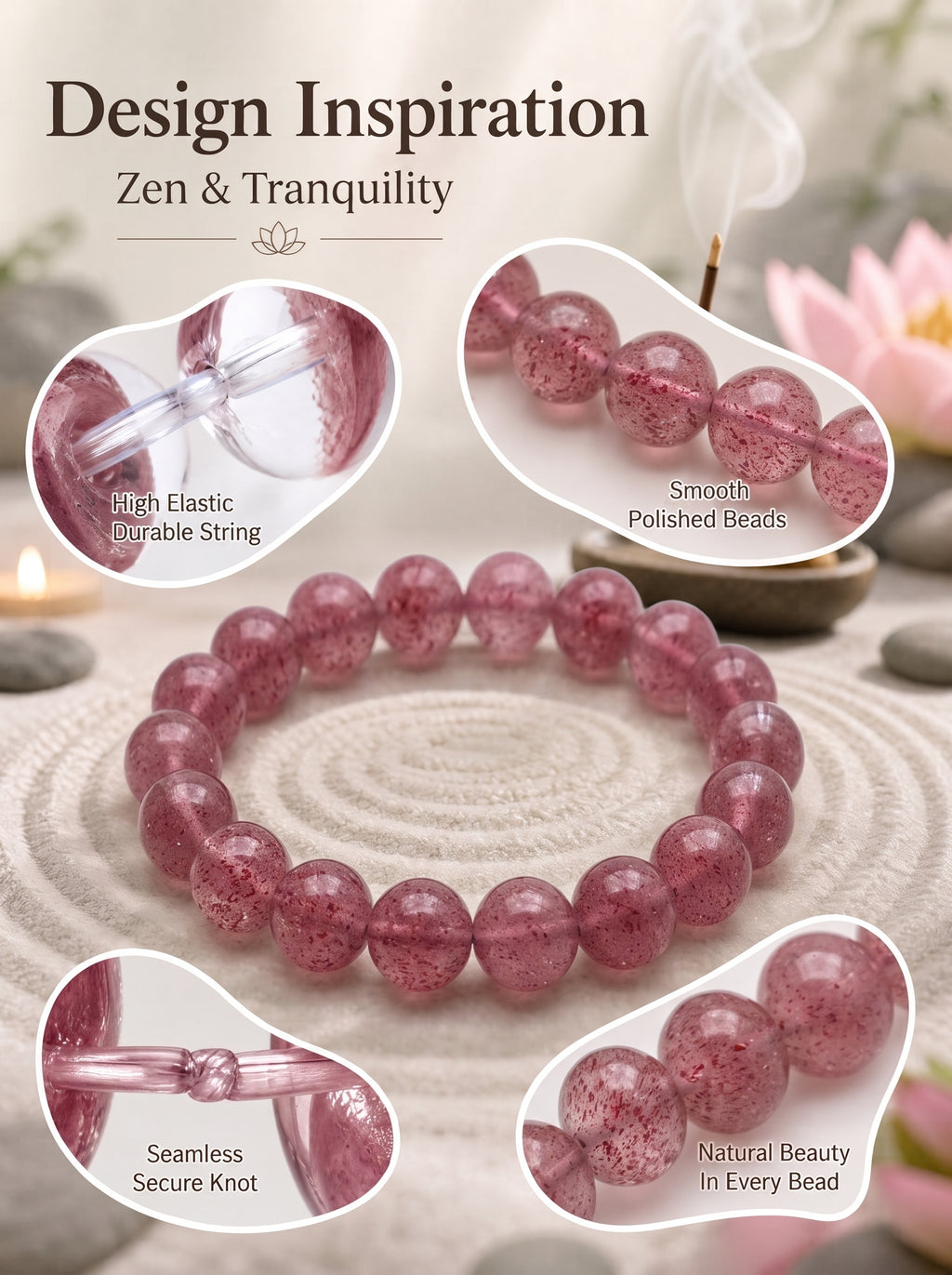 Premium Strawberry Quartz Beaded Bracelet | Hand-Polished Natural Gemstone Jewelry for Attraction & Harmony
