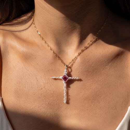 Handcrafted Red Crystal Cross Pendant | Wire-Wrapped Gothic Necklace