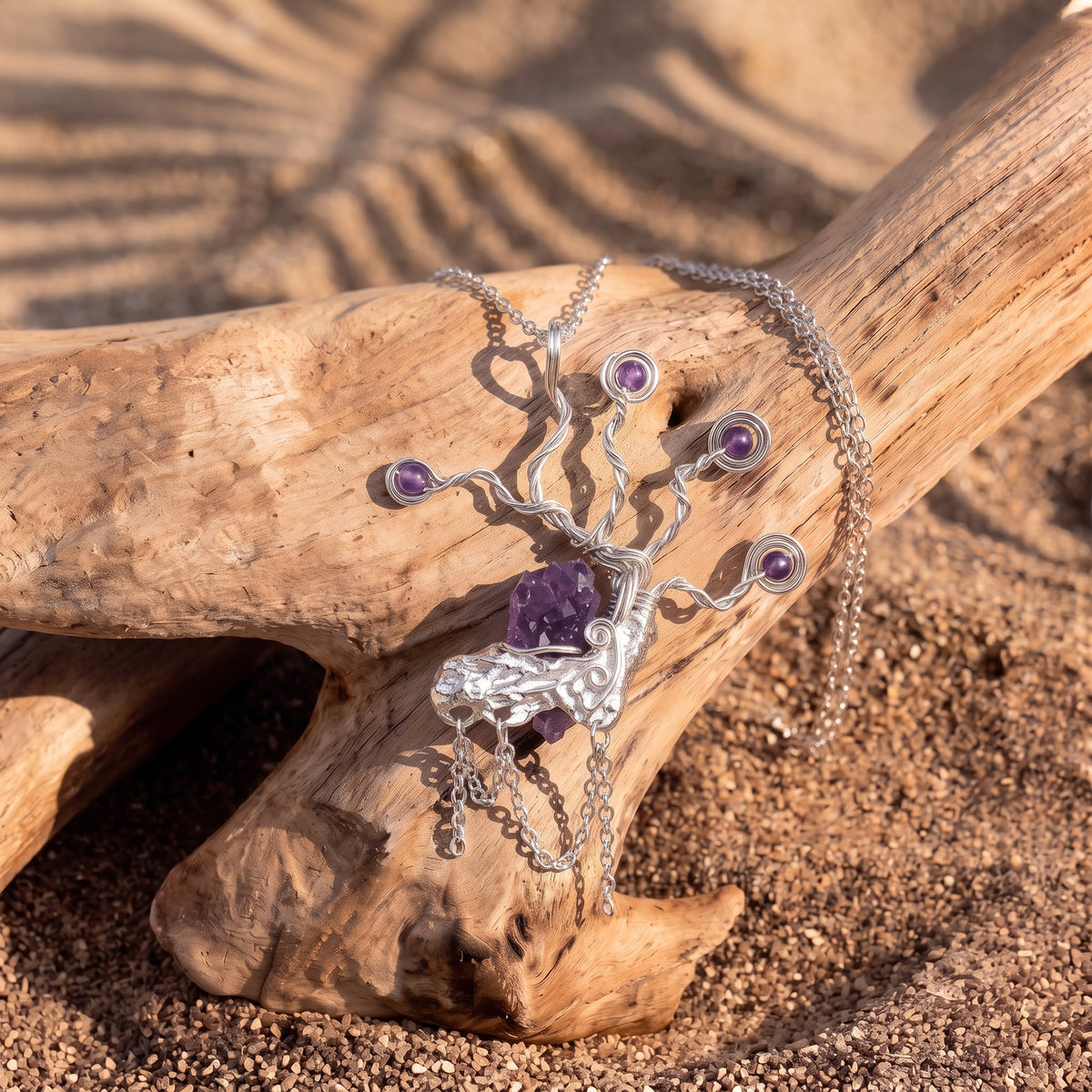 Raw Amethyst Tree Branch Copper Pendant | Silver Copper Wire Wrapped Necklace