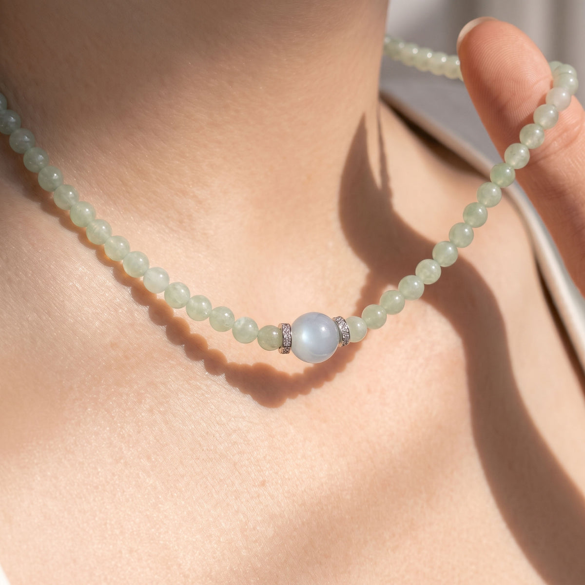 Natural Botanical Prehnite & Ocean Aquamarine Harmony Collarchain: Dual-Loop Versatile Necklace — Gangdishé Peak