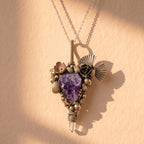 Raw Amethyst Crystal Brass Pendant | Wire-Wrapped Rose & Fan Bronze Necklace