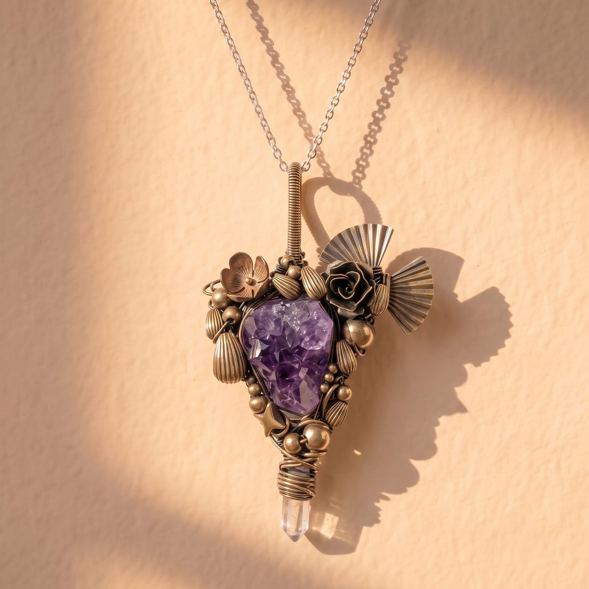 Raw Amethyst Crystal Brass Pendant | Wire-Wrapped Rose & Fan Bronze Necklace