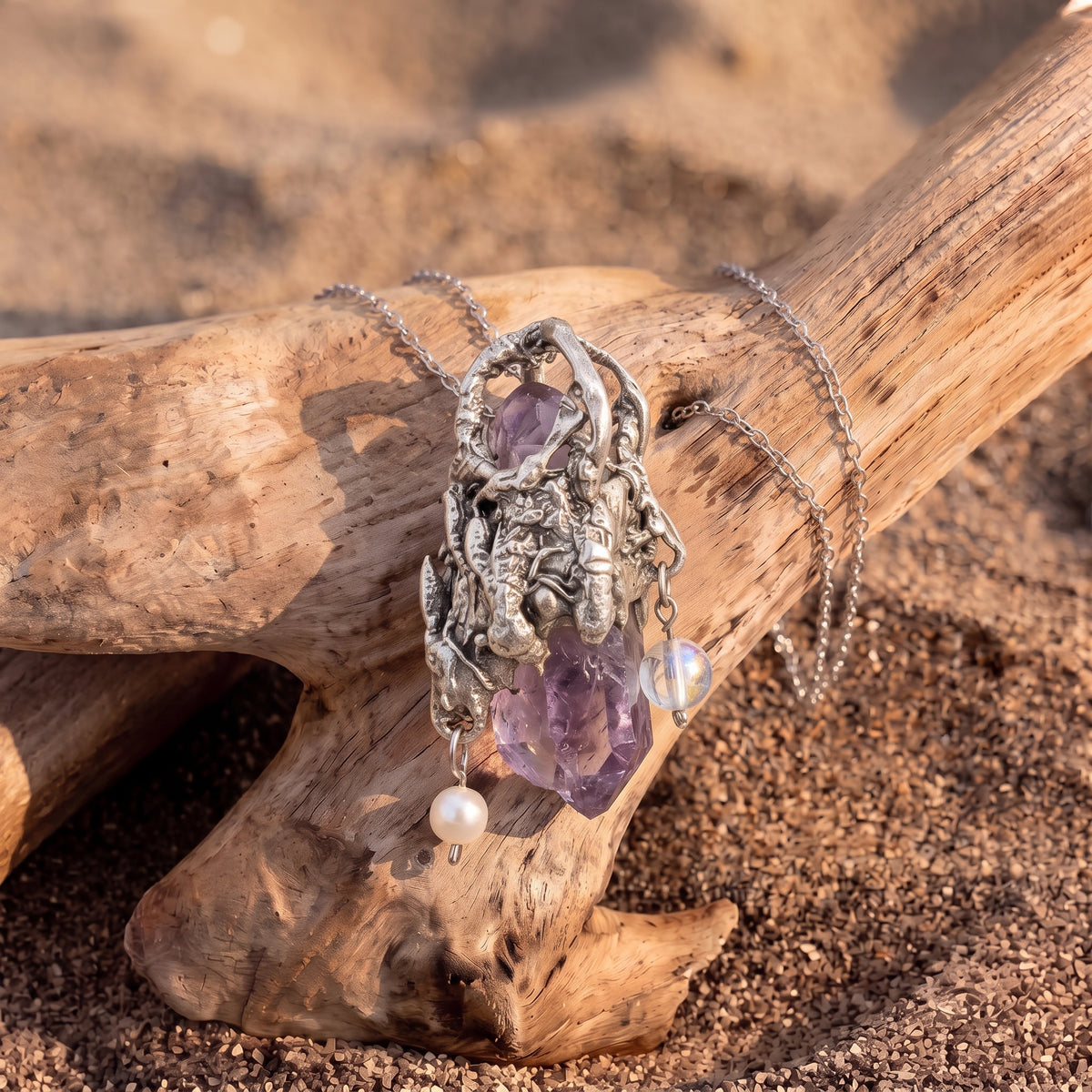 Super Seven Forest Crown Pendant | Antique Silver Copper Pearl & Iridescent Bead Necklace