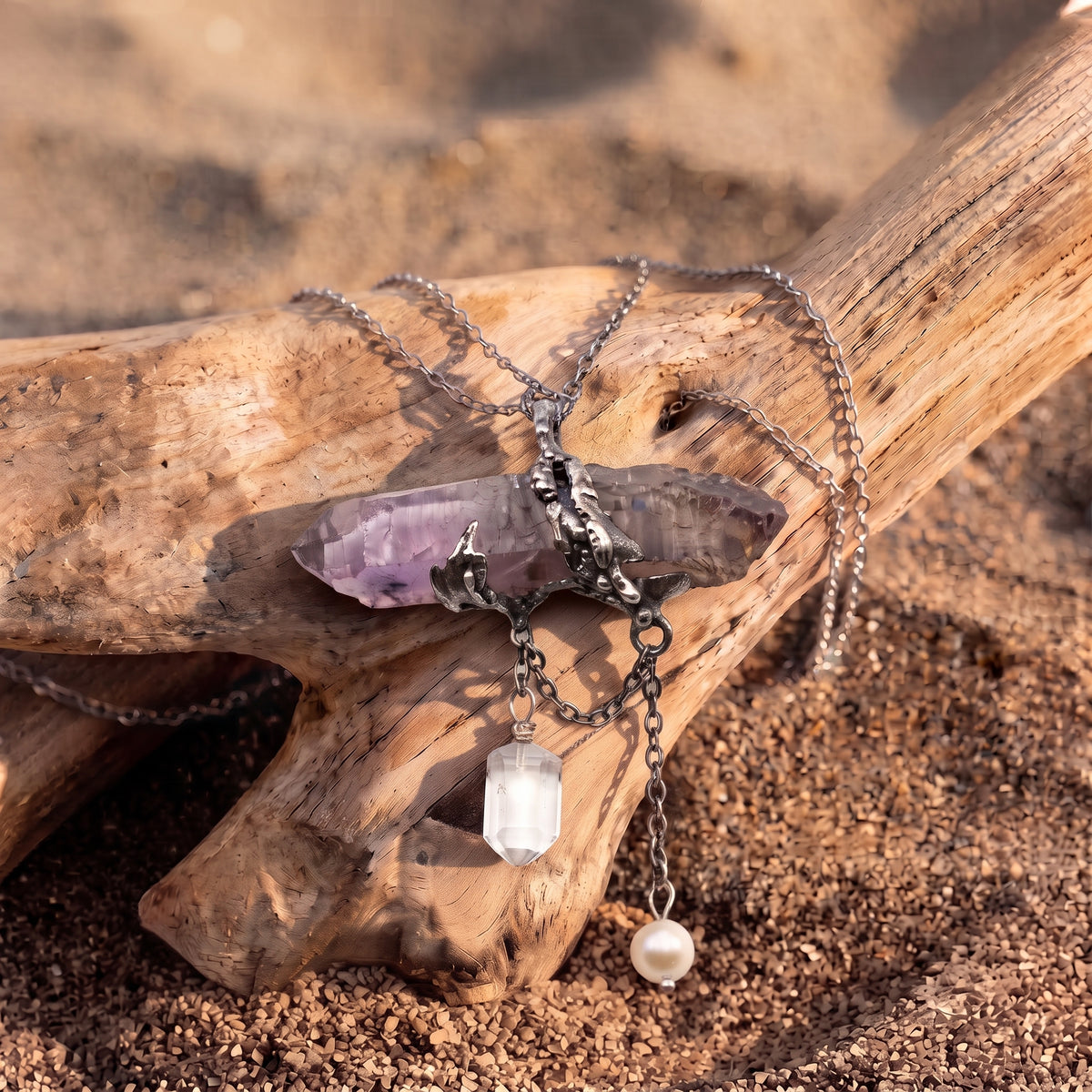 Super Seven Amethyst Wand Pendant | Antique Silver Copper Draped Quartz & Pearl Gothic Necklace