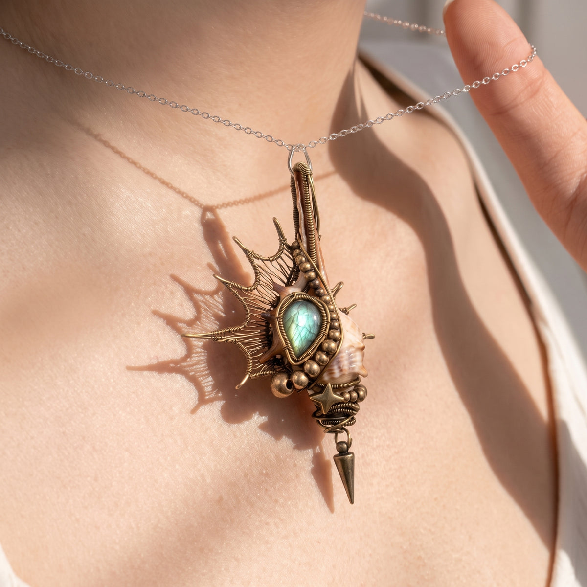 Labradorite Shell Brass Pendant | Wire-Wrapped Sunburst & Star Necklace