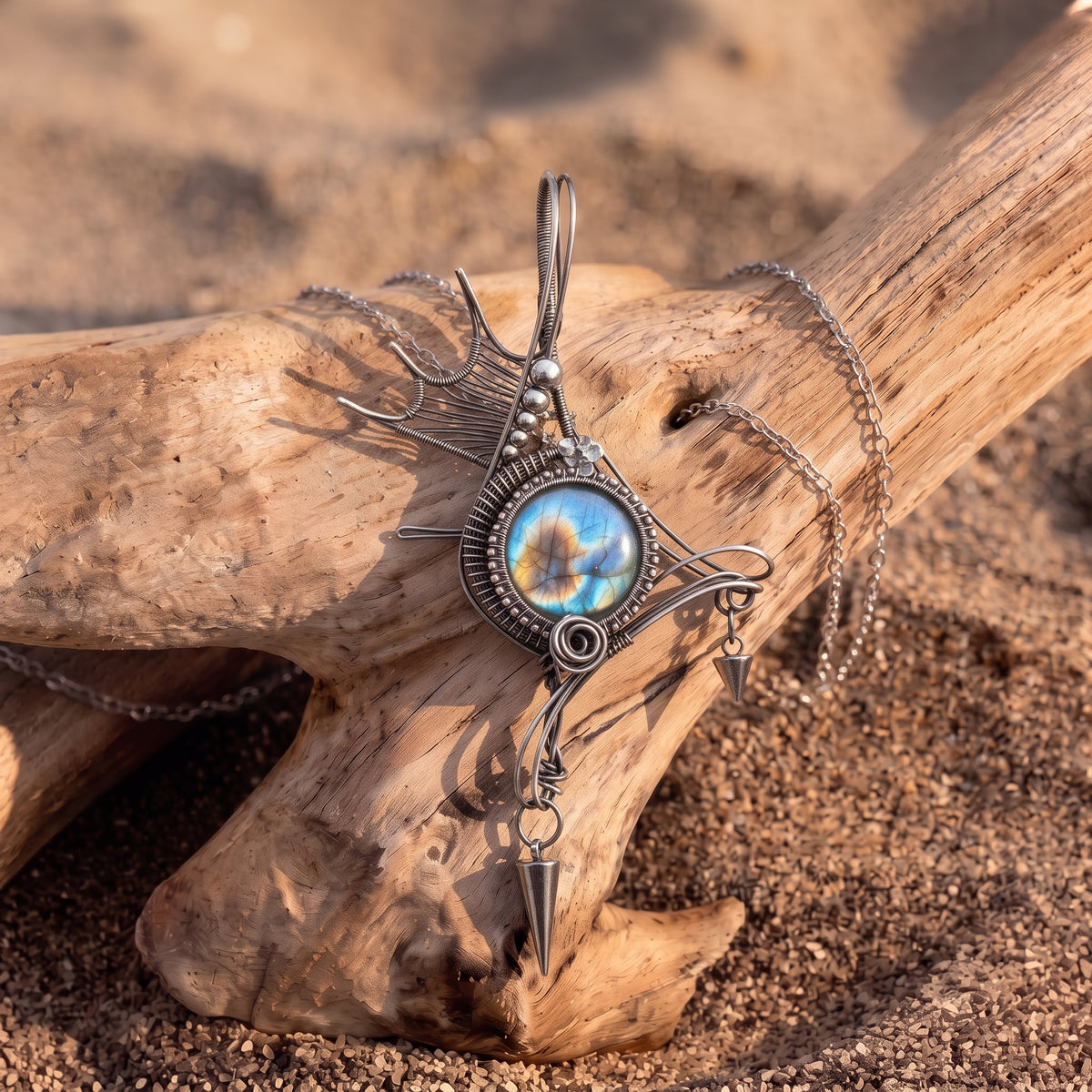 Labradorite Winged Spike Pendant | Antique Silver Copper Gothic Necklace