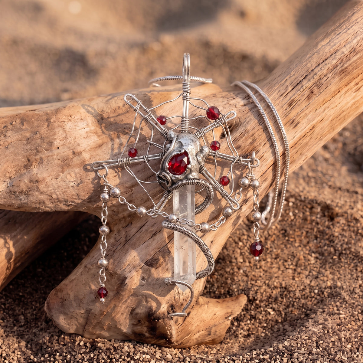 Clear Quartz Crystal Spider Web Pendant | Antique Silver Copper Red Bead Gothic Necklace