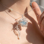 Aquamarine Crystal Cage Pendant | Silver Copper Wire-Wrapped Pearl Necklace