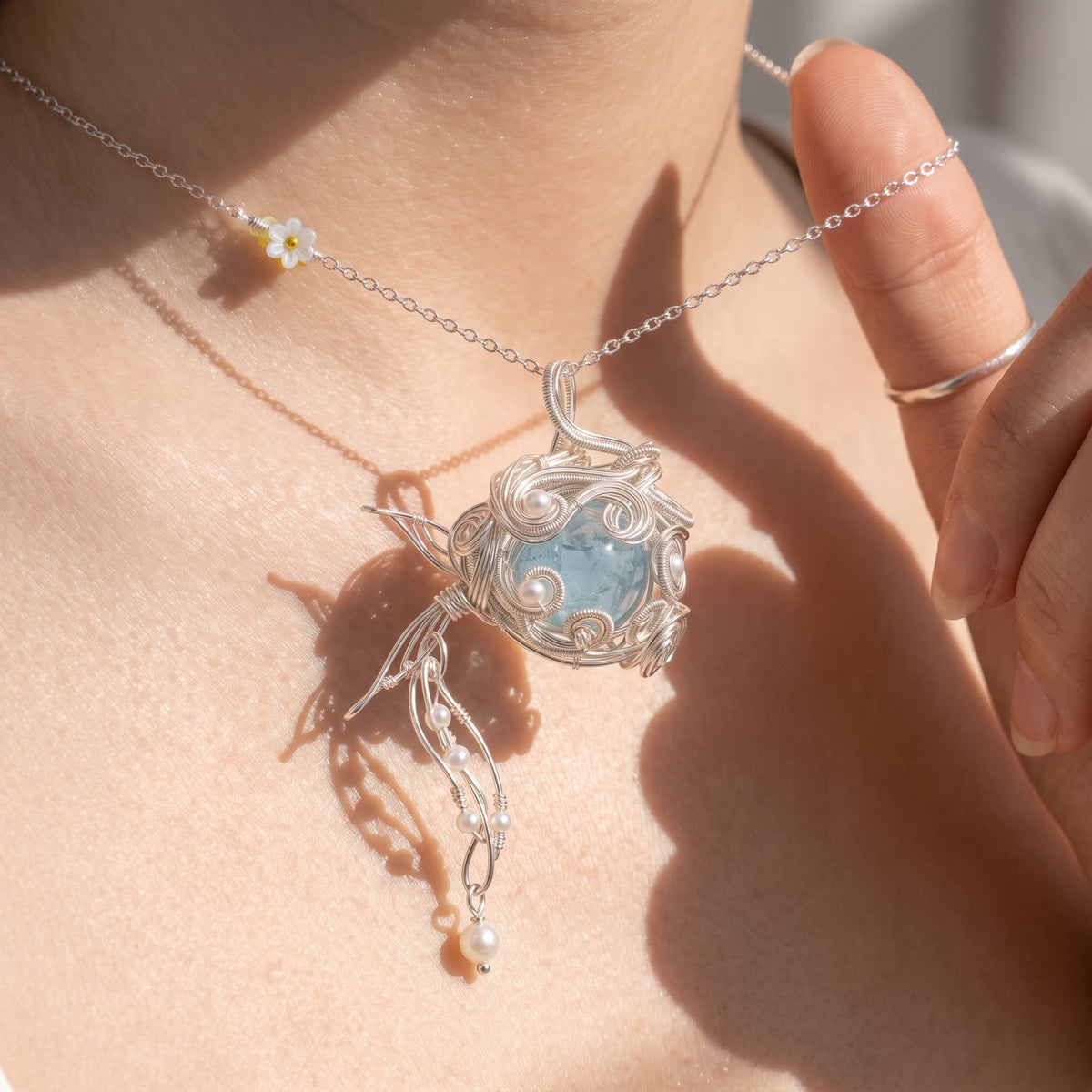 Aquamarine Crystal Cage Pendant | Silver Copper Wire-Wrapped Pearl Necklace