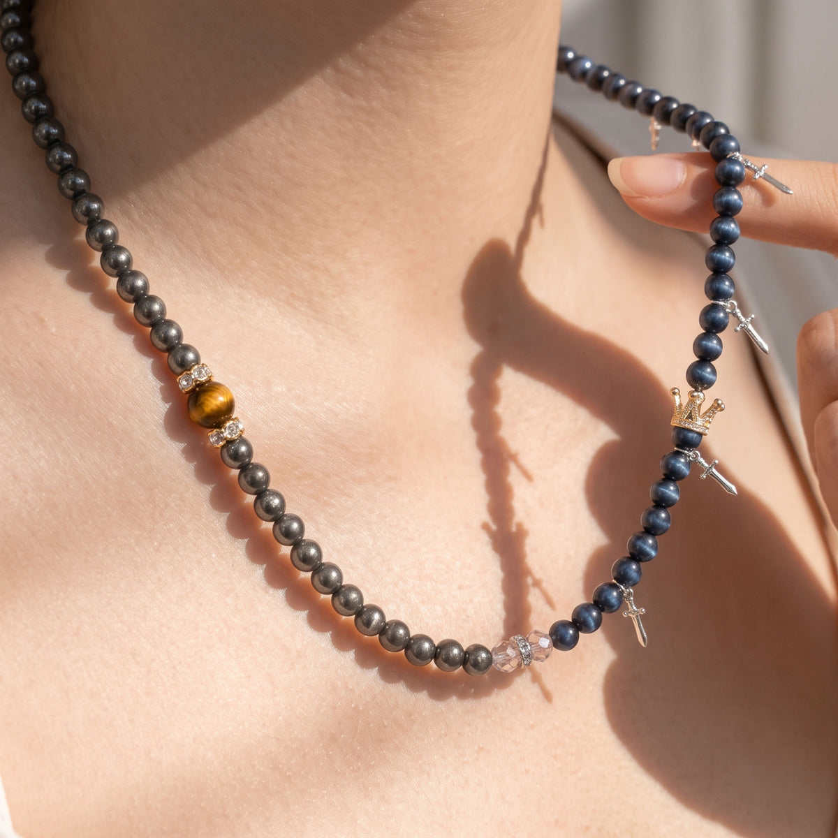 Natural Cosmic Silver Obsidian & Luminous Blue Tiger's Eye Double-Loop Fusion Collarchain: Versatile Necklace — Alpine Zone
