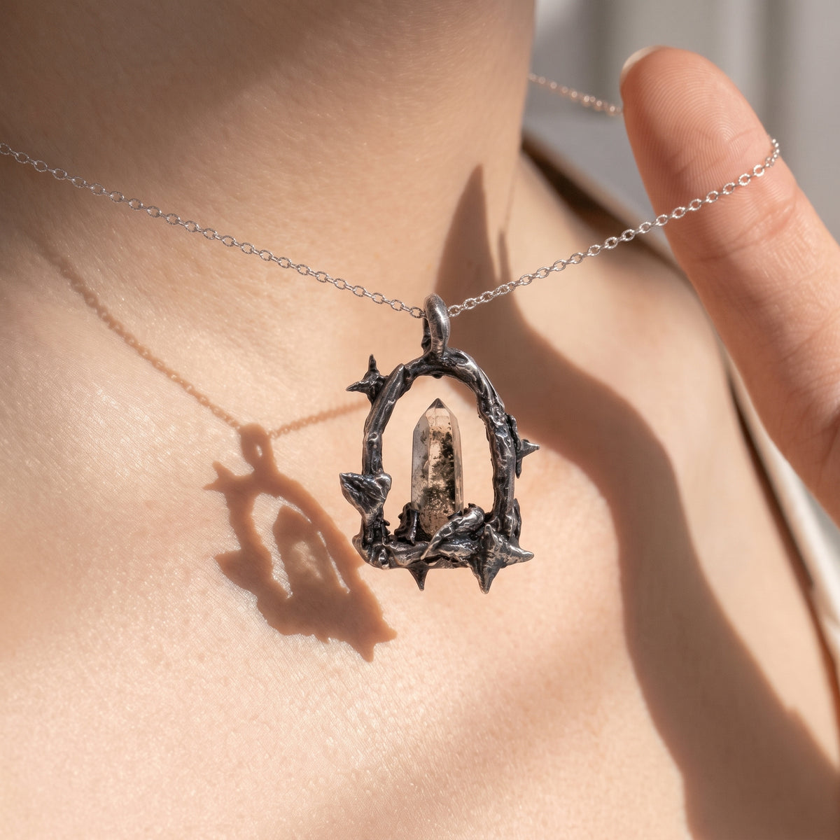 Garden Phantom Quartz Crystal Frame Pendant | Antique Silver Copper Thorn & Star Necklace