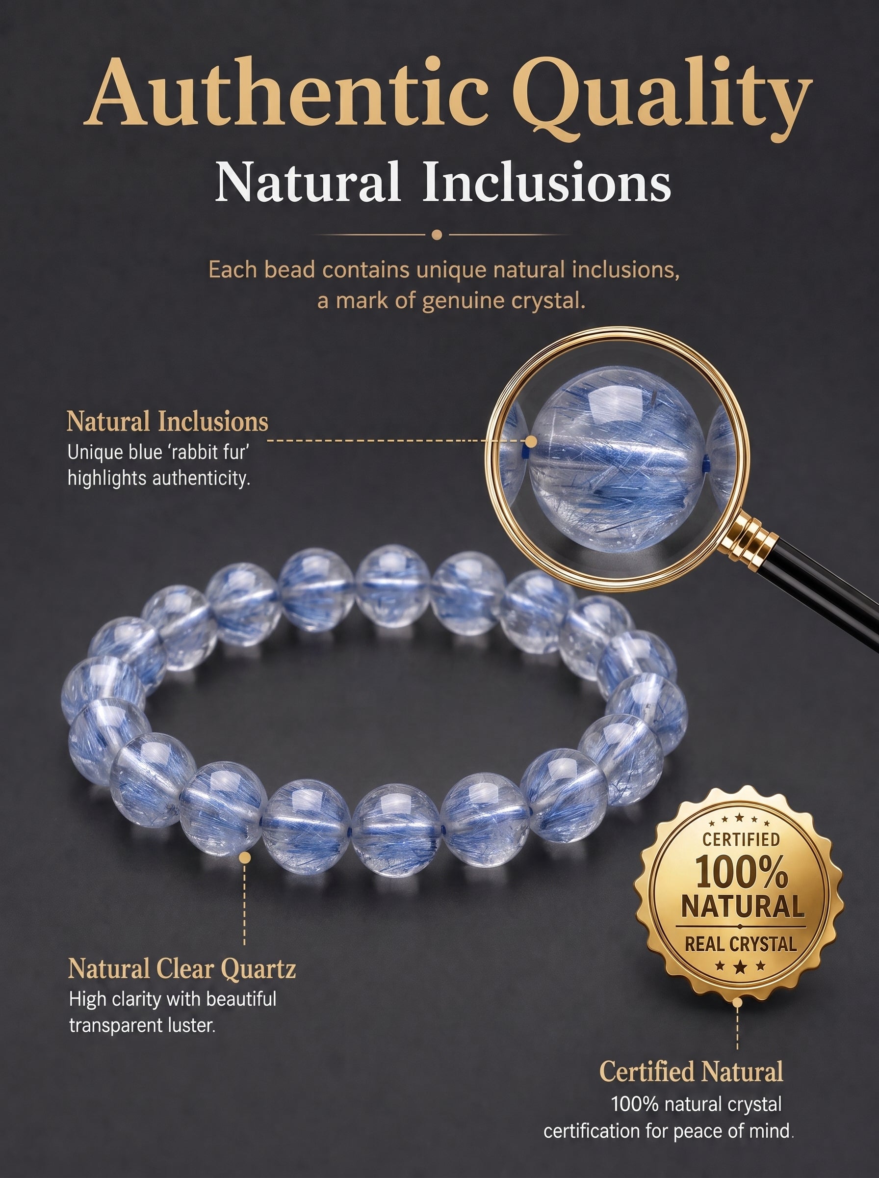 Premium Blue Rabbit Hair Quartz Beaded Bracelet | Hand-Polished Natural Gemstone Jewelry for Inner Peace & Clarity