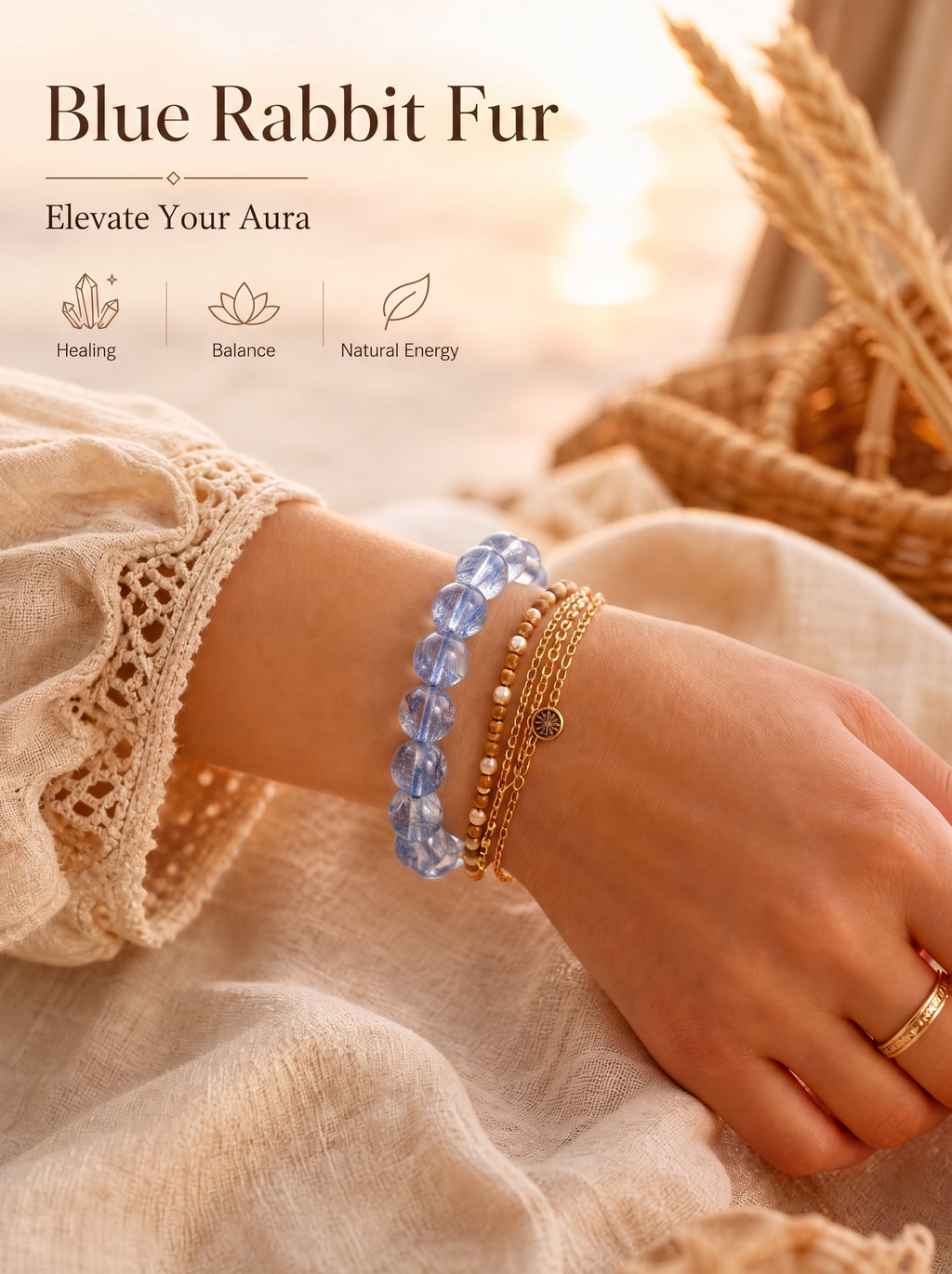 Premium Blue Rabbit Hair Quartz Beaded Bracelet | Hand-Polished Natural Gemstone Jewelry for Inner Peace & Clarity