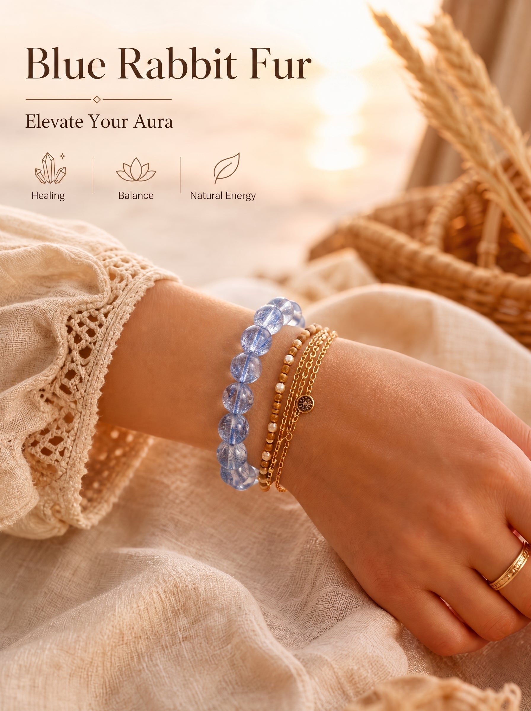 Premium Blue Rabbit Hair Quartz Beaded Bracelet | Hand-Polished Natural Gemstone Jewelry for Inner Peace & Clarity