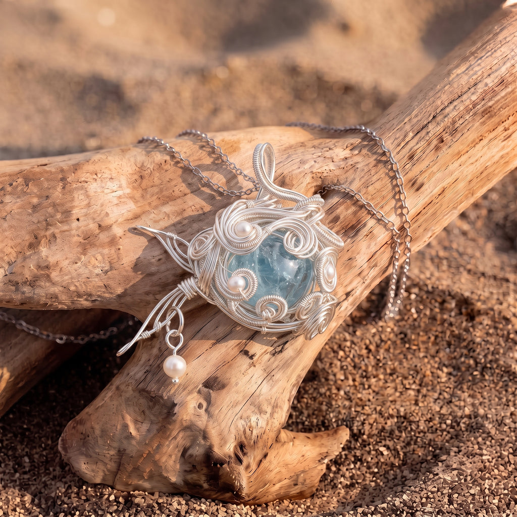 Aquamarine Crystal Cage Pendant | Silver Copper Wire-Wrapped Pearl Necklace
