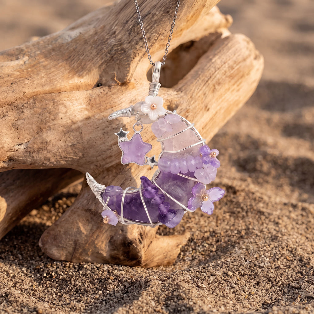 Purple Fluorite & Amethyst Crescent Moon Pendant | Wire-Wrapped Star & Butterfly Necklace