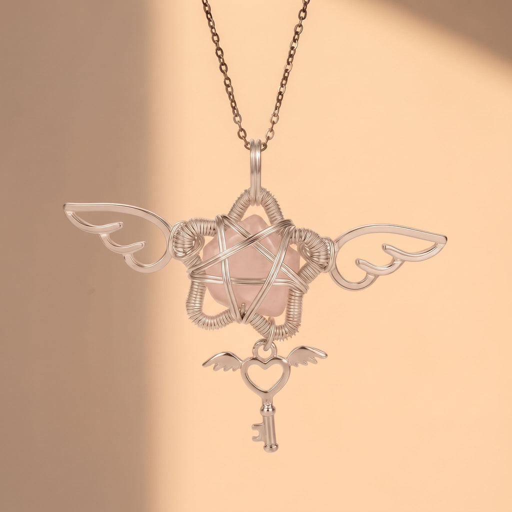 Rose Quartz Winged Star Pendant | Wire-Wrapped Heart Key Necklace