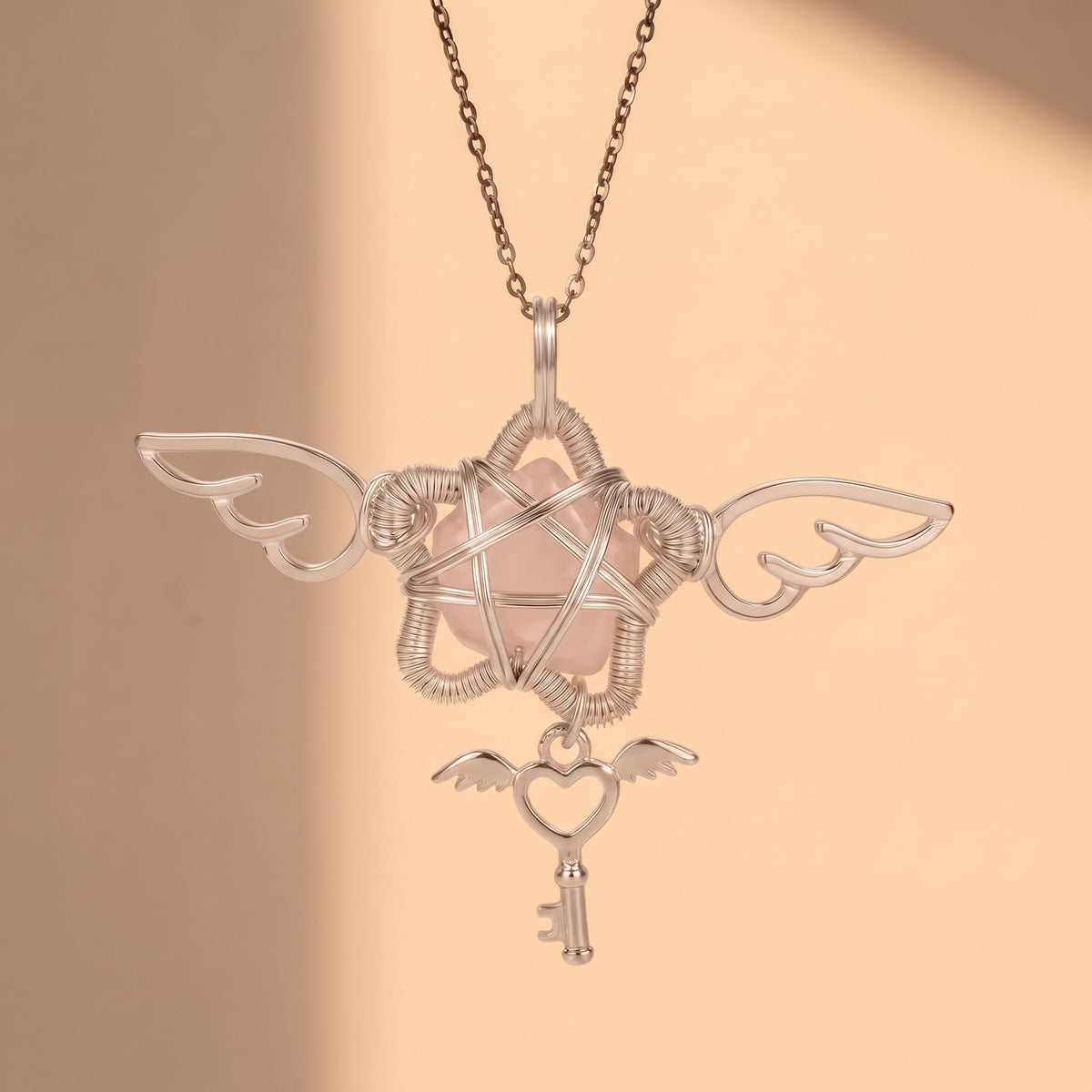 Rose Quartz Winged Star Pendant | Wire-Wrapped Heart Key Necklace