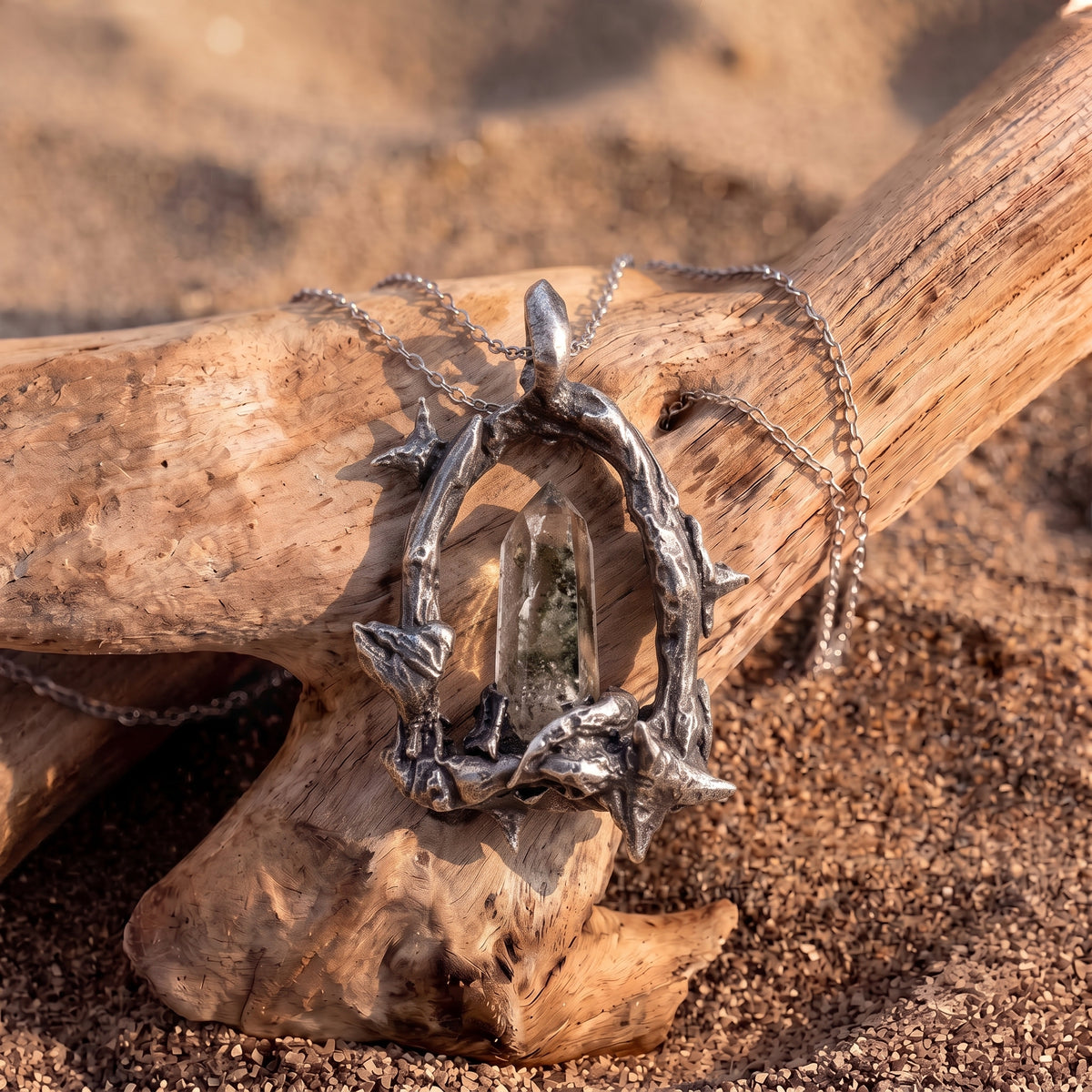 Garden Phantom Quartz Crystal Frame Pendant | Antique Silver Copper Thorn & Star Necklace